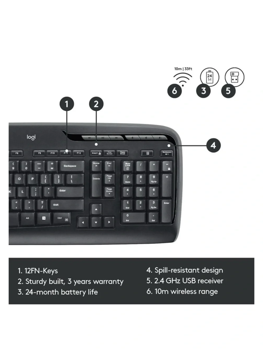 Logitech Black Wireless Keyboard and Mouse Set MK320 Deep Sculpted Keys NIB!